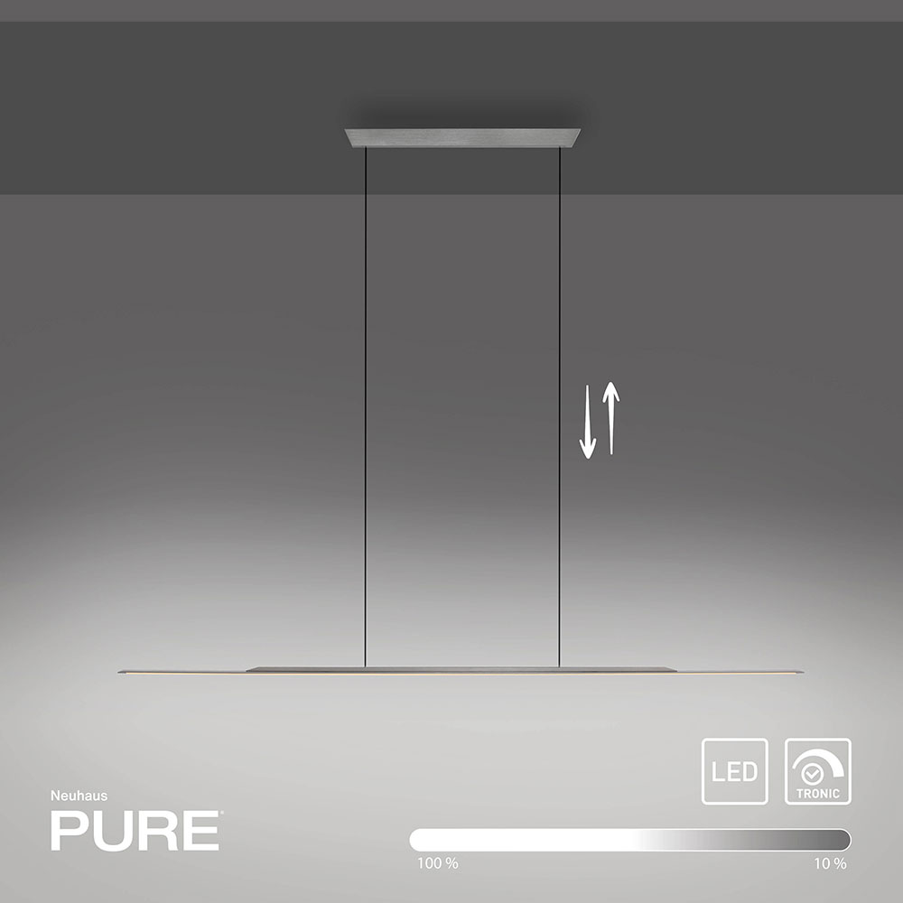 Pure Surface 2301: Filigrane Pendelleuchte mit 1250 mm Länge, nur 25 mm Bautiefe, in Bronze oder Grau – dimmbar, höhenverstellbar und mit leistungsstarker LED-Technik. Pure Surface 2301 Pendelleuchte mit schlankem Aluminiumprofil in Bronze oder Grau, 1250 mm Länge, 25 mm Bautiefe, dimmbarer LED-Technologie und höhenverstellbarer Aufhängung.