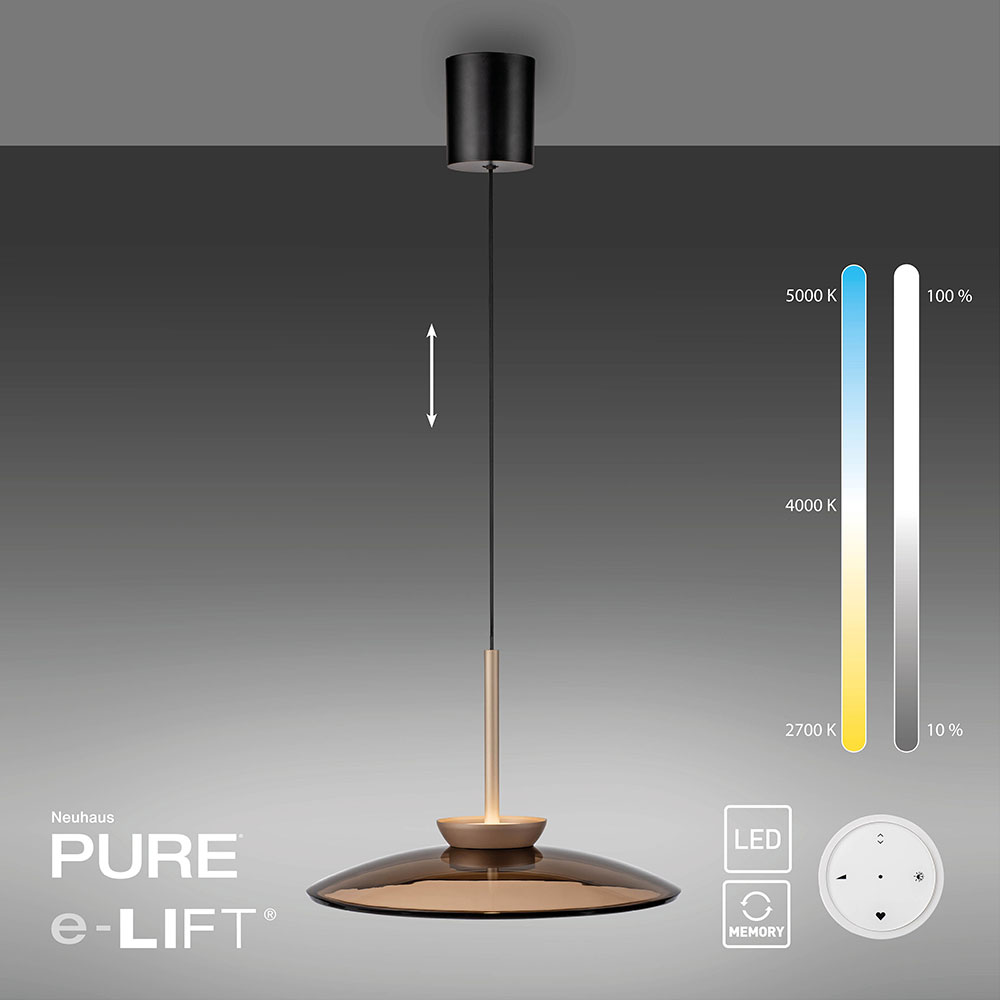 Pure E-Moon 2195 – Pendelleuchte mit elektrischem e-LIFT, stufenloser CCT-Lichtsteuerung und edlem Amberglasschirm Pure E-Moon 2195 Pendelleuchte mit 500 mm Amberglasschirm – elektrisch höhenverstellbar per Fernbedienung, stufenlos einstellbare Lichtfarbe (2700–5000 K), separate Up-/Downlight-Steuerung und Memory-Funktion für flexible Lichtgestaltung