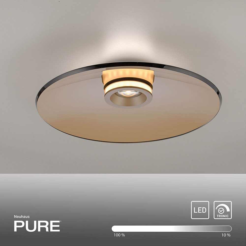 Deckenleuchten der Pure Moon Serie – Kompakte und großzügige Modelle mit Amberglas und Bronzeakzenten Pure Moon 6094 und 6095 Deckenleuchten – edles Design mit Amberglas und Bronze, Up- und Downlight-Funktion für harmonische Lichtverteilung, warmweißes Licht, hohe Farbwiedergabe (CRI > 90), ideal für kleinere und größere Räume